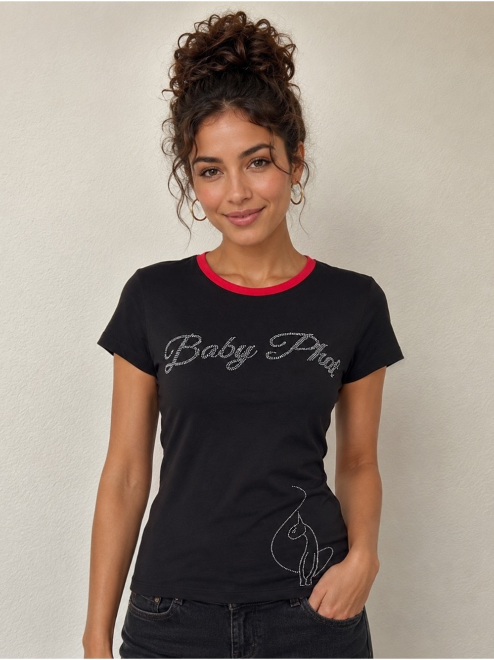 Baby Phat Black Tee with Red Trim and Rhinestone Accent
